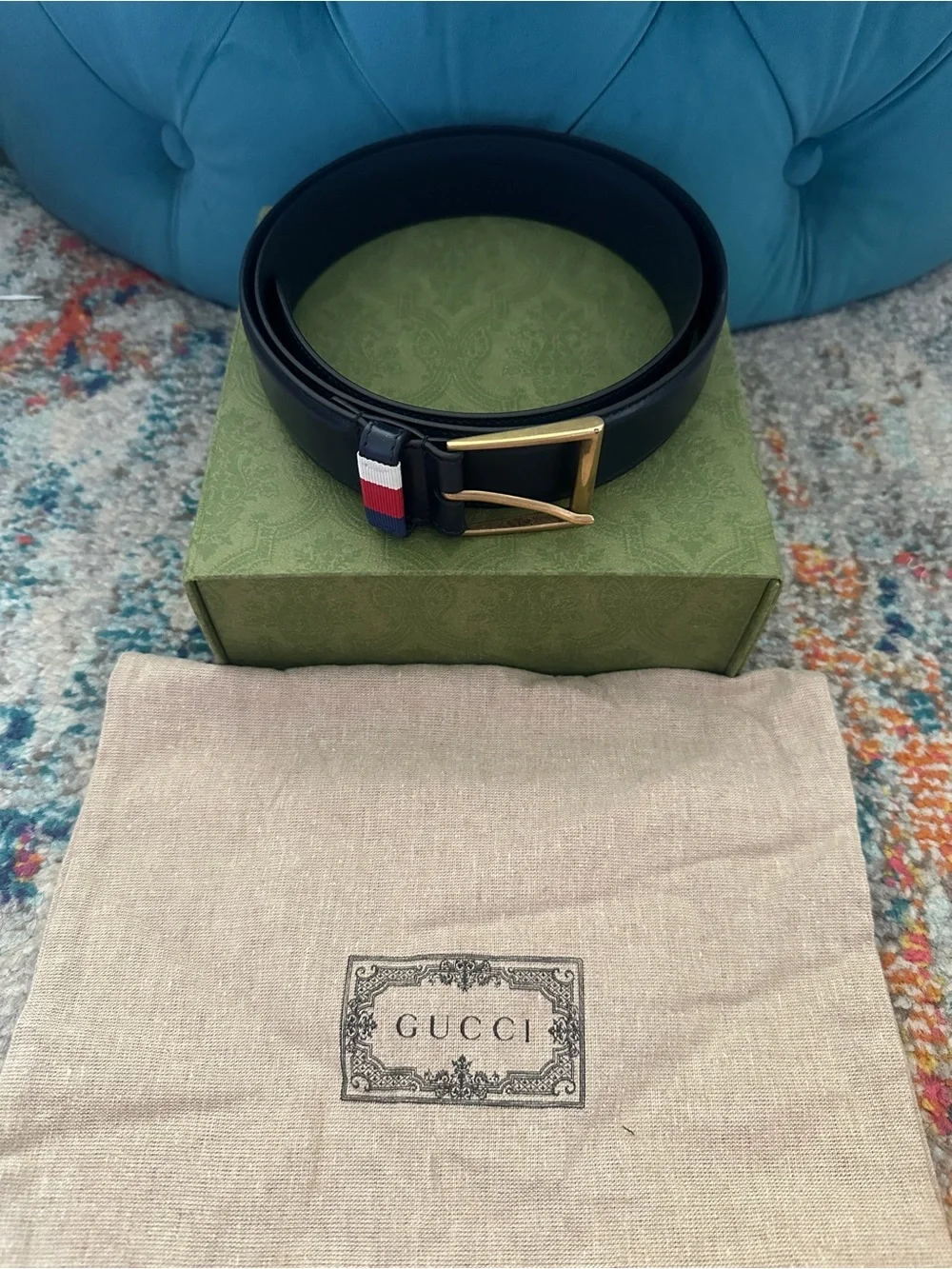 Gucci Sylvie Men's Web Belt Blue Leather 100-40